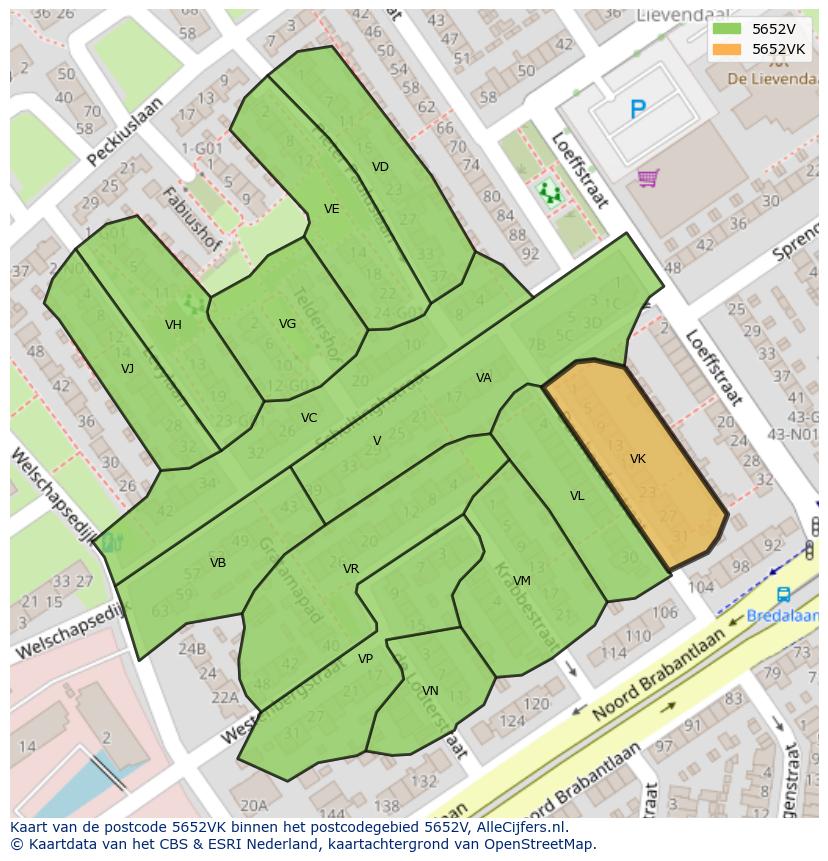 Afbeelding van het postcodegebied 5652 VK op de kaart.