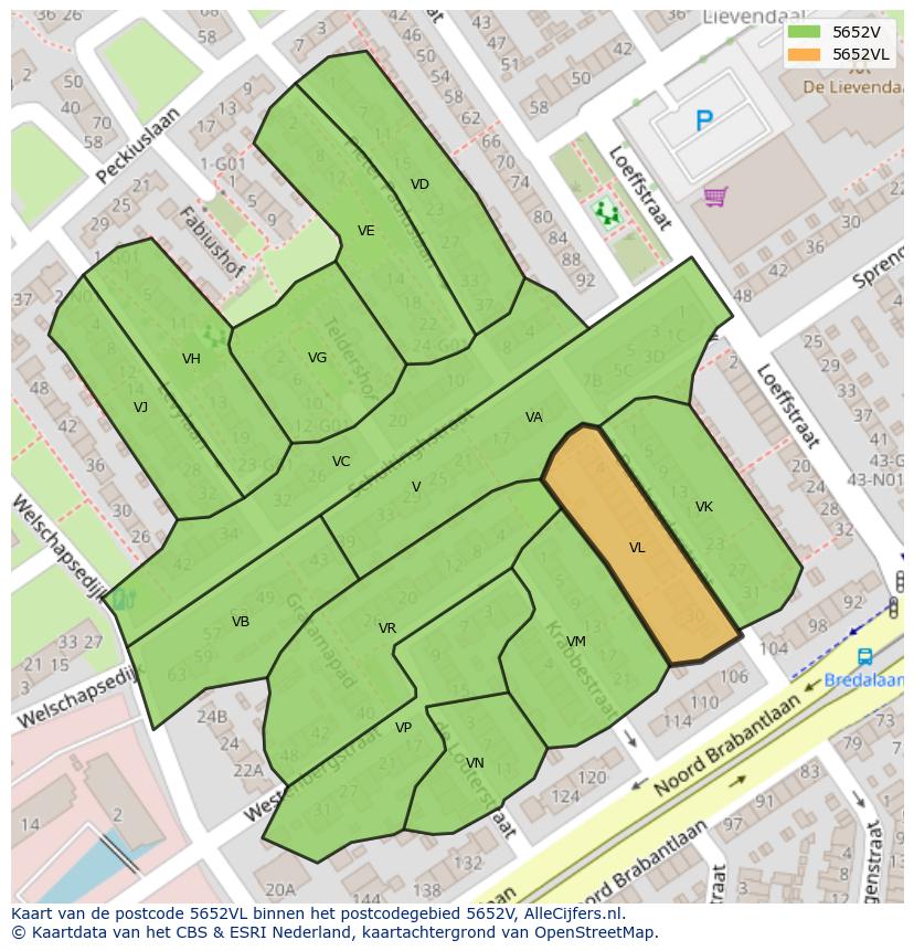 Afbeelding van het postcodegebied 5652 VL op de kaart.