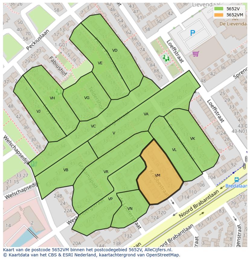 Afbeelding van het postcodegebied 5652 VM op de kaart.