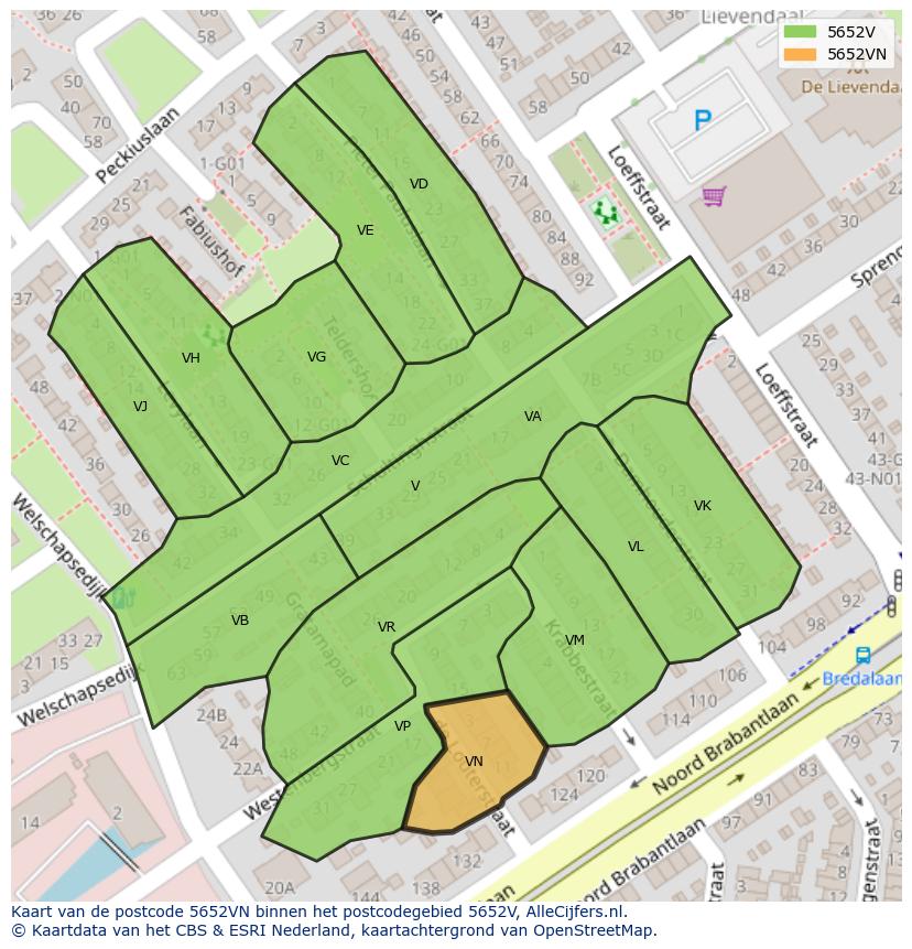 Afbeelding van het postcodegebied 5652 VN op de kaart.