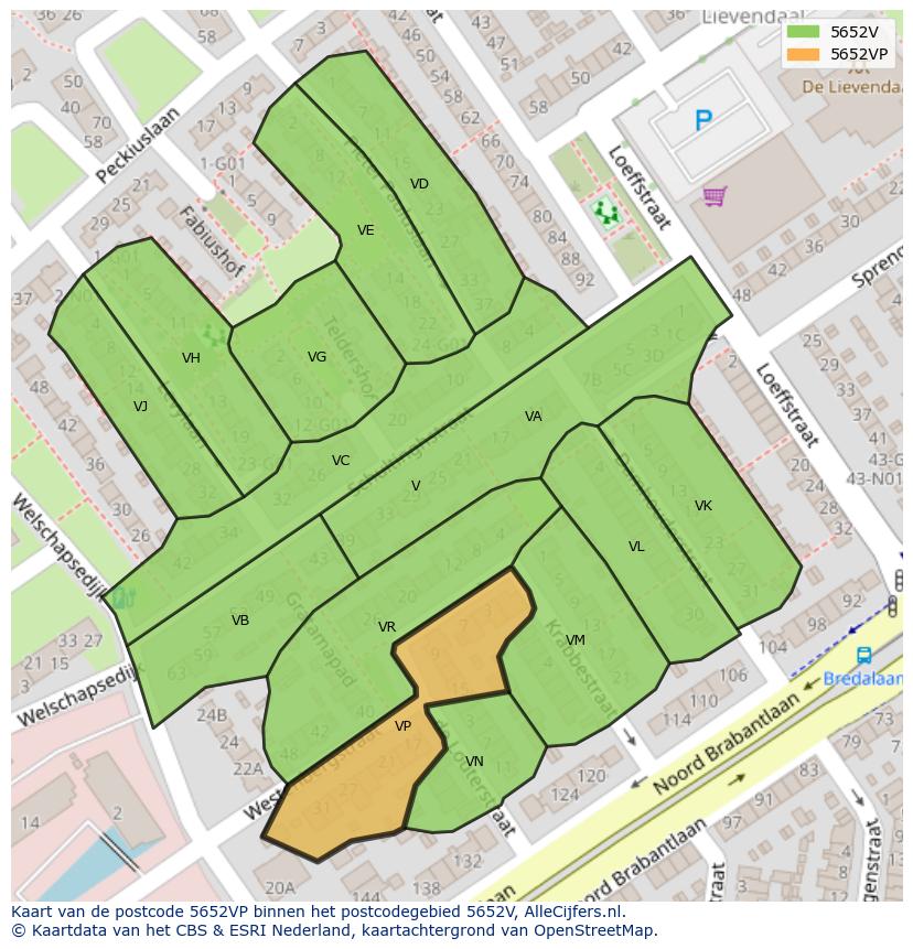 Afbeelding van het postcodegebied 5652 VP op de kaart.