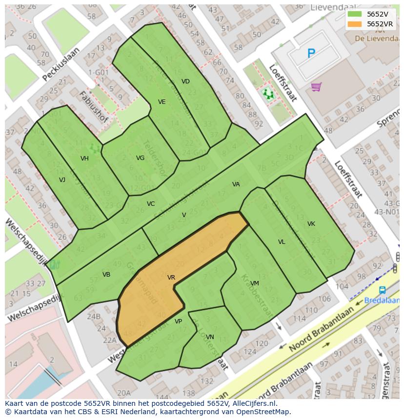 Afbeelding van het postcodegebied 5652 VR op de kaart.