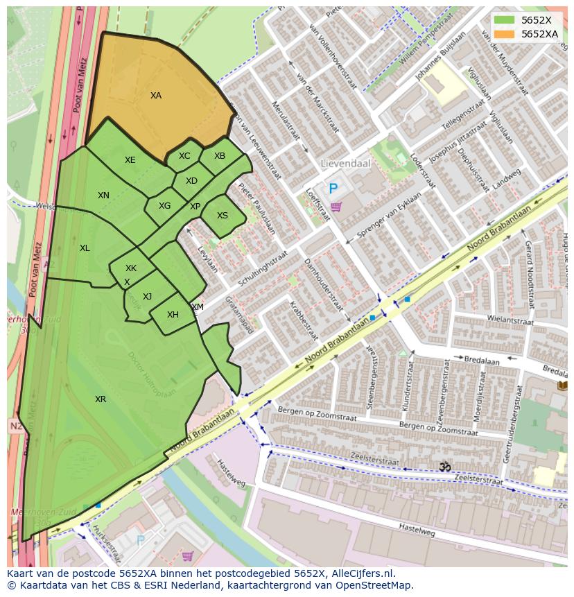 Afbeelding van het postcodegebied 5652 XA op de kaart.