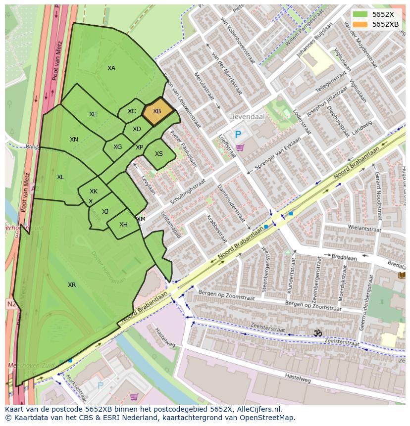 Afbeelding van het postcodegebied 5652 XB op de kaart.