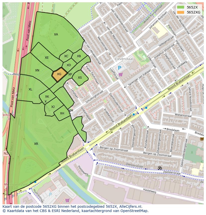 Afbeelding van het postcodegebied 5652 XG op de kaart.