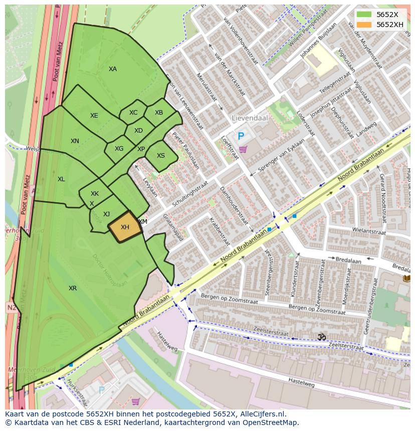 Afbeelding van het postcodegebied 5652 XH op de kaart.