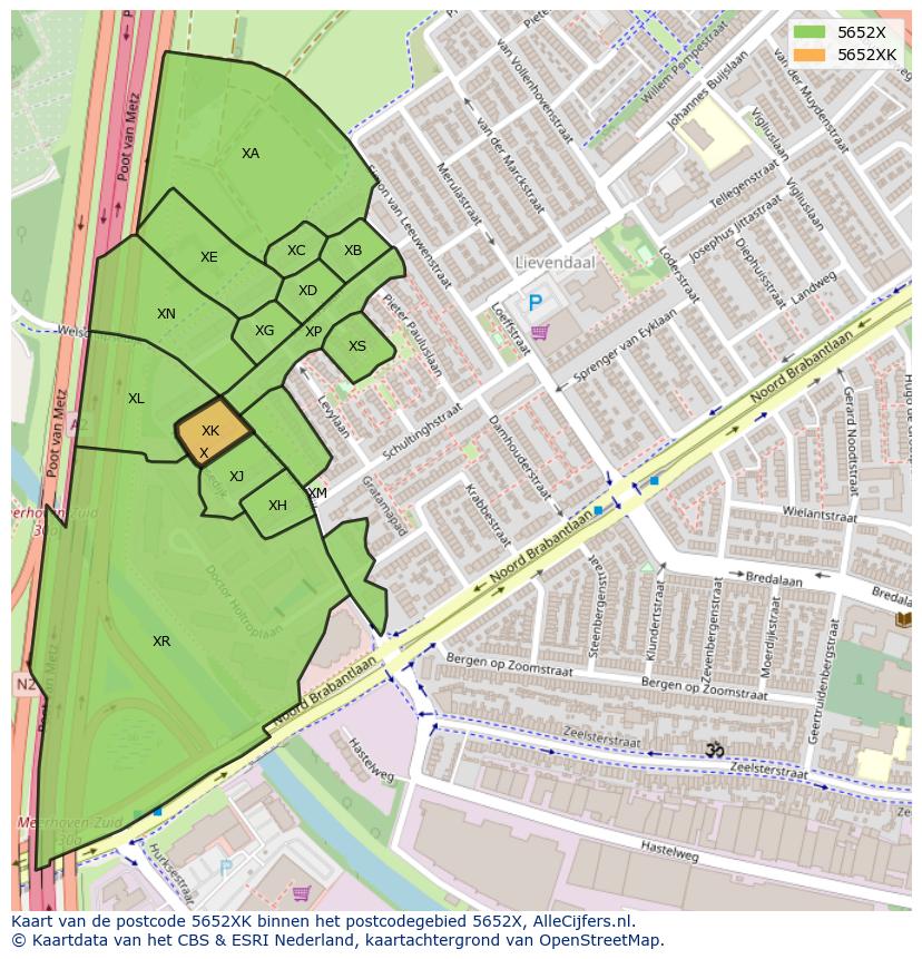 Afbeelding van het postcodegebied 5652 XK op de kaart.
