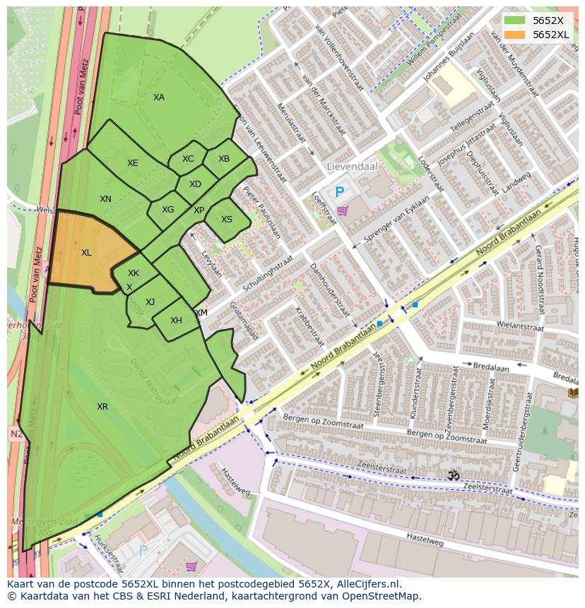 Afbeelding van het postcodegebied 5652 XL op de kaart.
