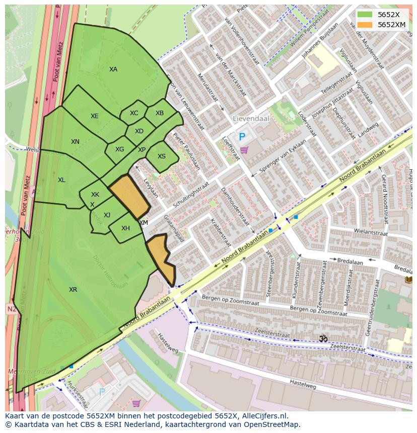 Afbeelding van het postcodegebied 5652 XM op de kaart.