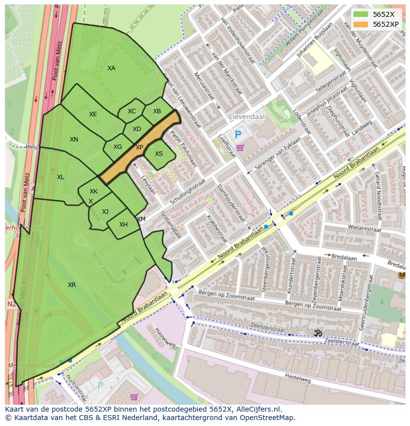 Afbeelding van het postcodegebied 5652 XP op de kaart.