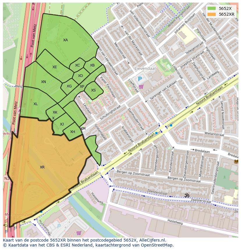 Afbeelding van het postcodegebied 5652 XR op de kaart.