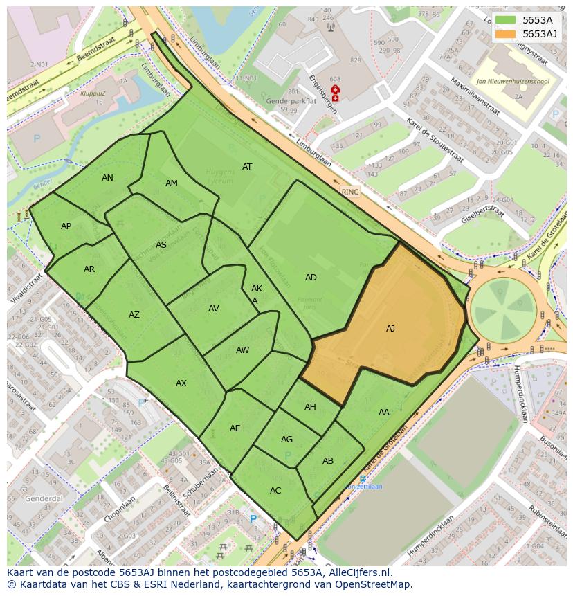 Afbeelding van het postcodegebied 5653 AJ op de kaart.
