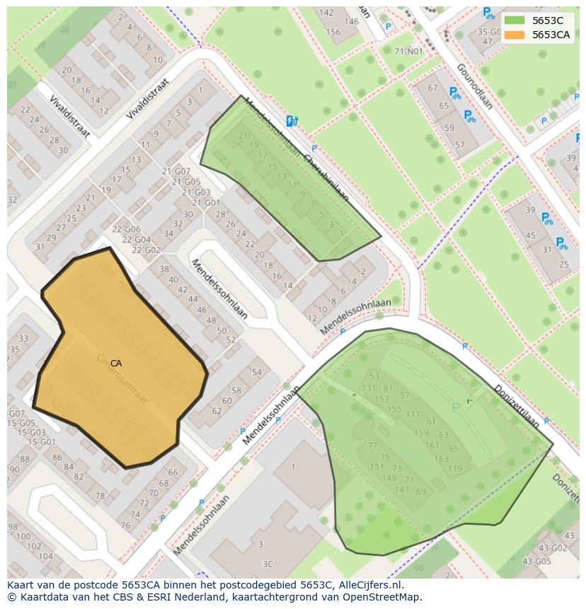Afbeelding van het postcodegebied 5653 CA op de kaart.