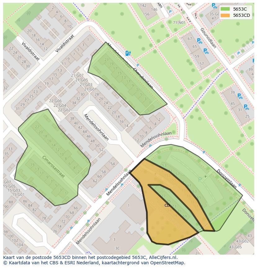 Afbeelding van het postcodegebied 5653 CD op de kaart.