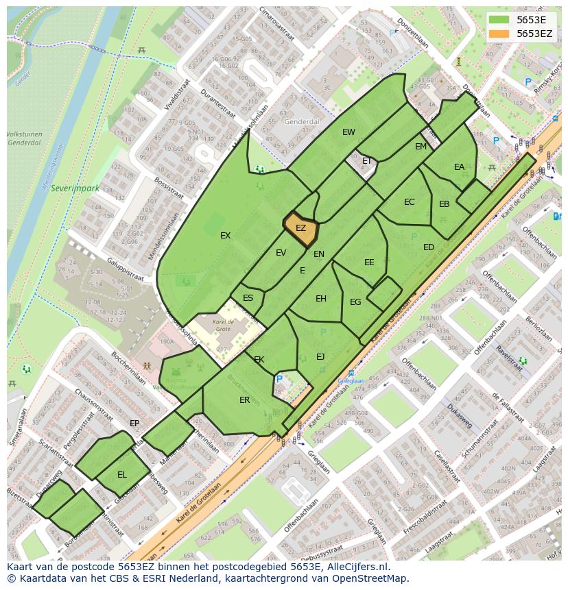 Afbeelding van het postcodegebied 5653 EZ op de kaart.