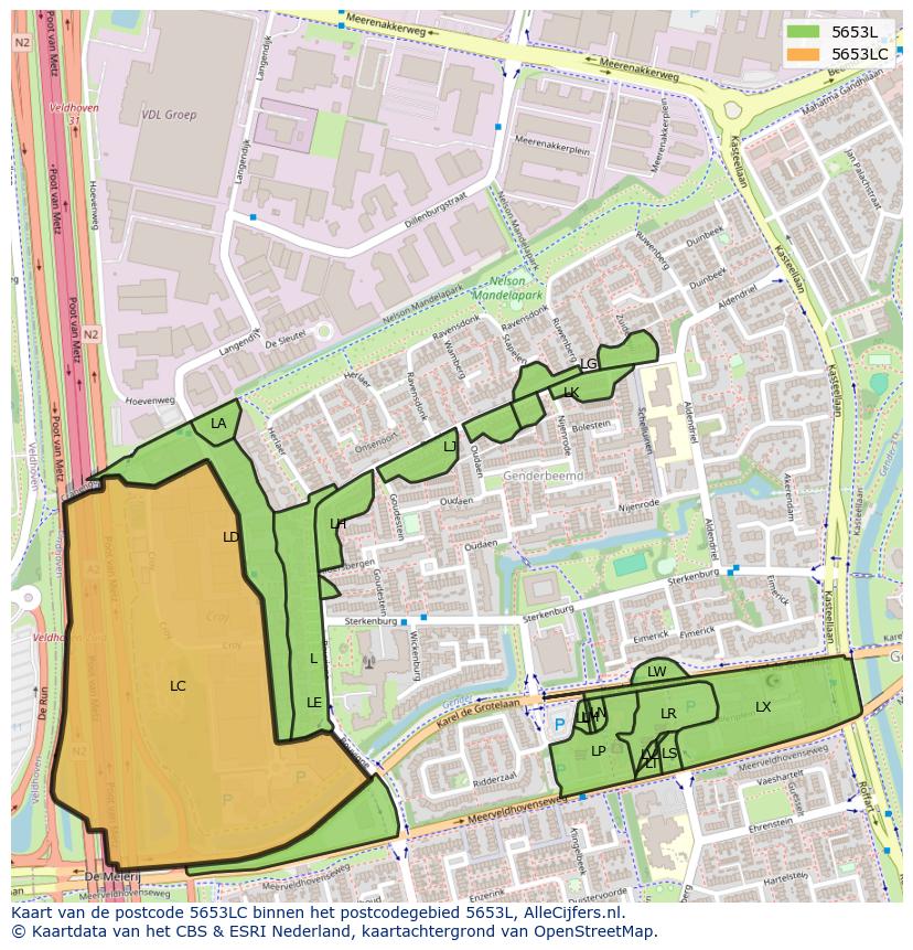 Afbeelding van het postcodegebied 5653 LC op de kaart.