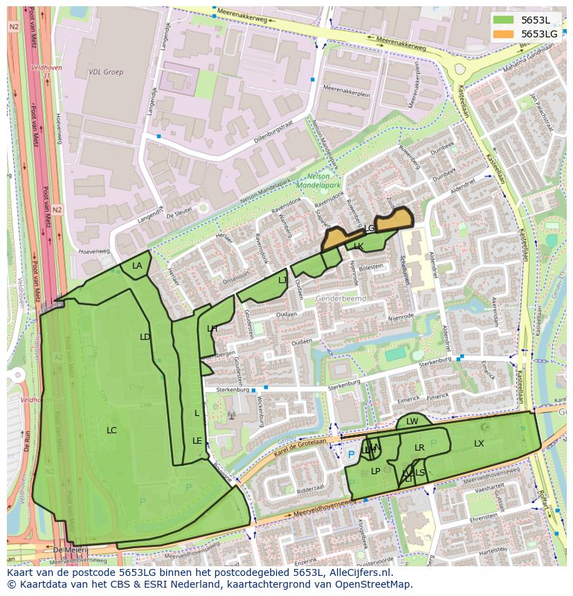 Afbeelding van het postcodegebied 5653 LG op de kaart.
