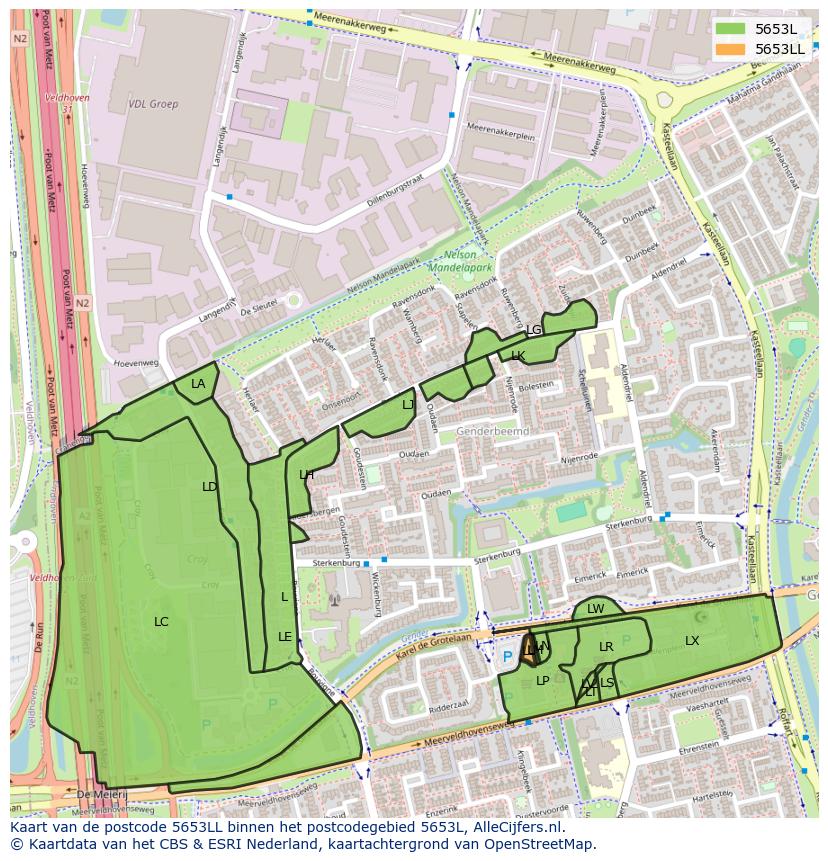 Afbeelding van het postcodegebied 5653 LL op de kaart.
