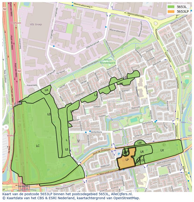 Afbeelding van het postcodegebied 5653 LP op de kaart.