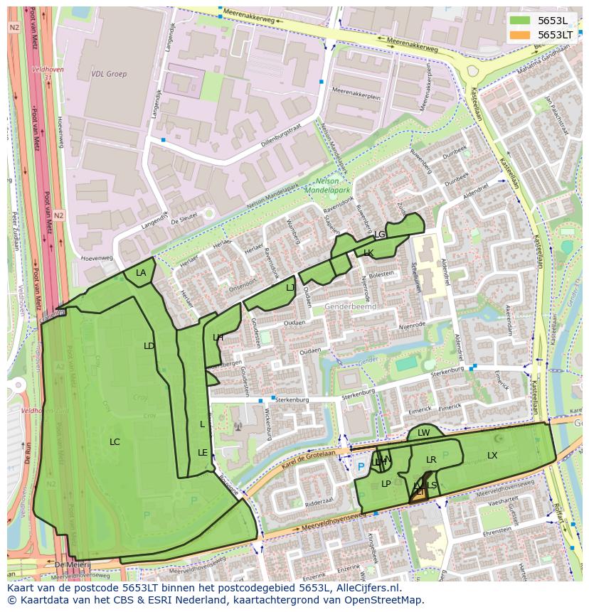 Afbeelding van het postcodegebied 5653 LT op de kaart.