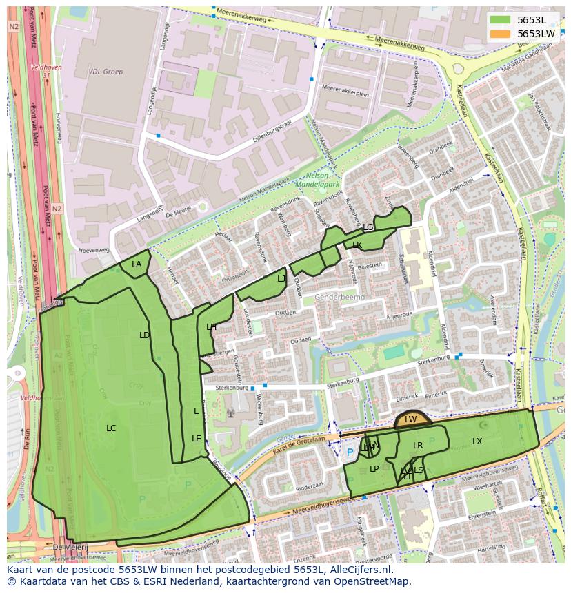 Afbeelding van het postcodegebied 5653 LW op de kaart.