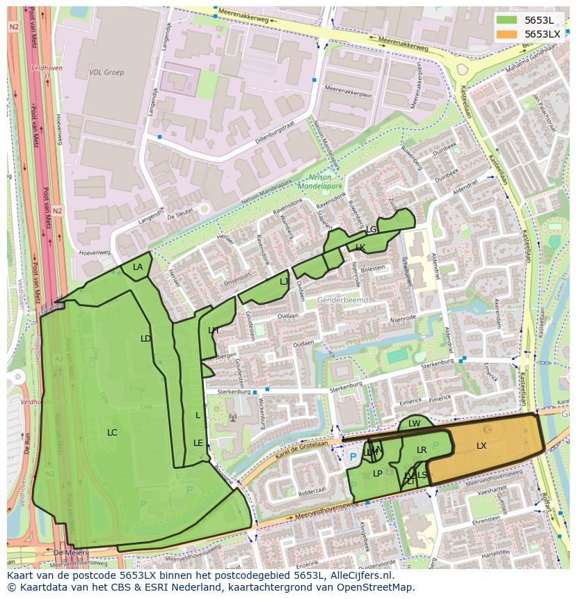 Afbeelding van het postcodegebied 5653 LX op de kaart.
