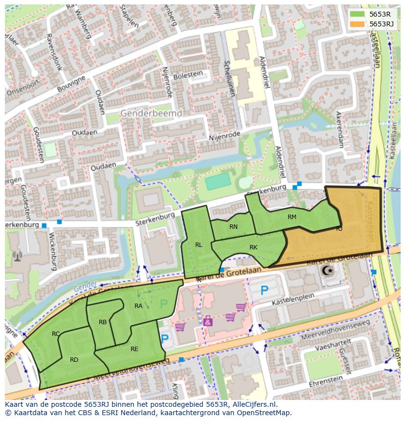 Afbeelding van het postcodegebied 5653 RJ op de kaart.