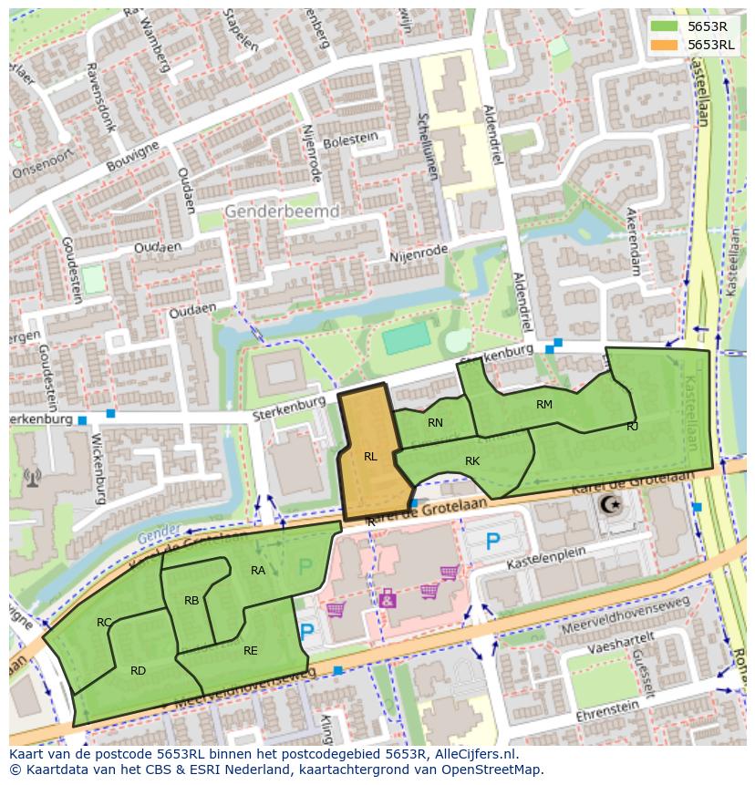 Afbeelding van het postcodegebied 5653 RL op de kaart.