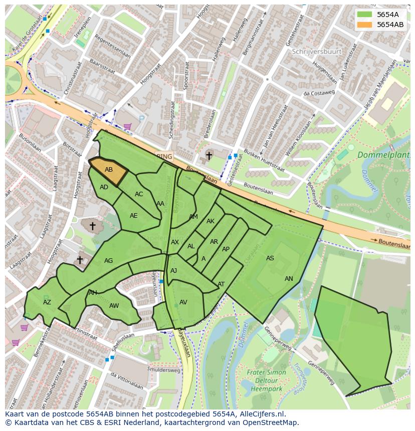 Afbeelding van het postcodegebied 5654 AB op de kaart.