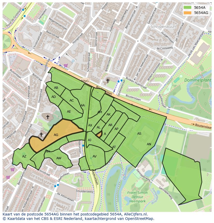 Afbeelding van het postcodegebied 5654 AG op de kaart.