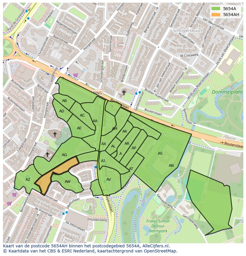 Afbeelding van het postcodegebied 5654 AH op de kaart.