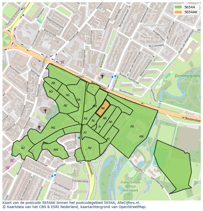 Afbeelding van het postcodegebied 5654 AK op de kaart.