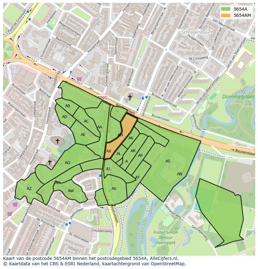Afbeelding van het postcodegebied 5654 AM op de kaart.