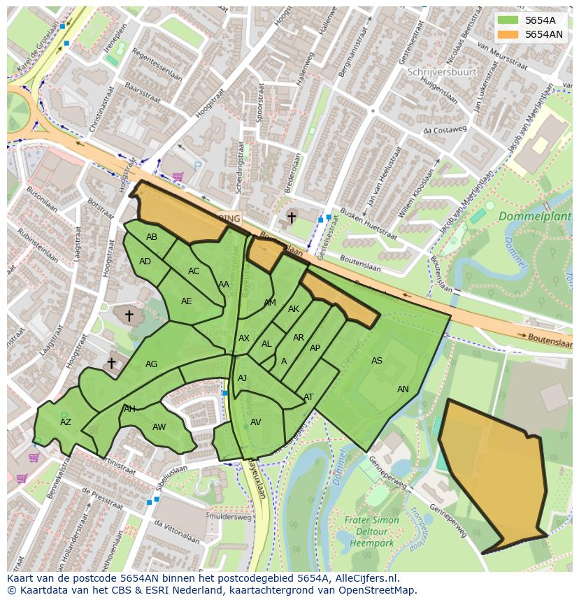 Afbeelding van het postcodegebied 5654 AN op de kaart.