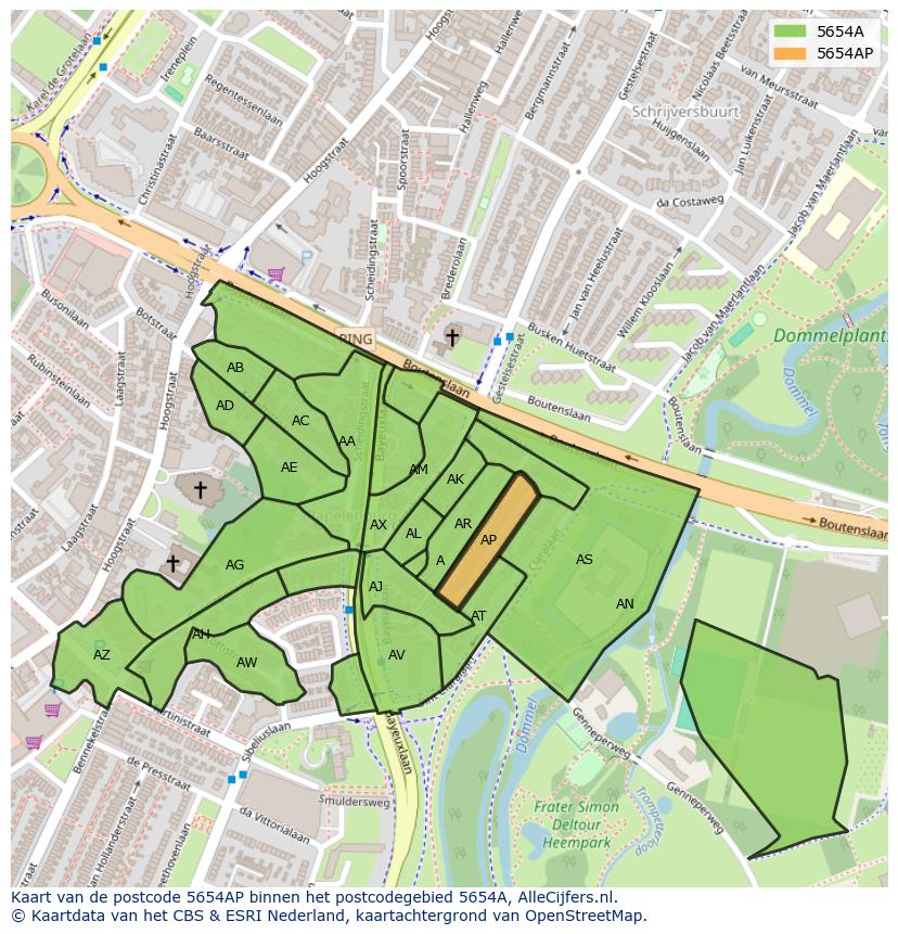 Afbeelding van het postcodegebied 5654 AP op de kaart.