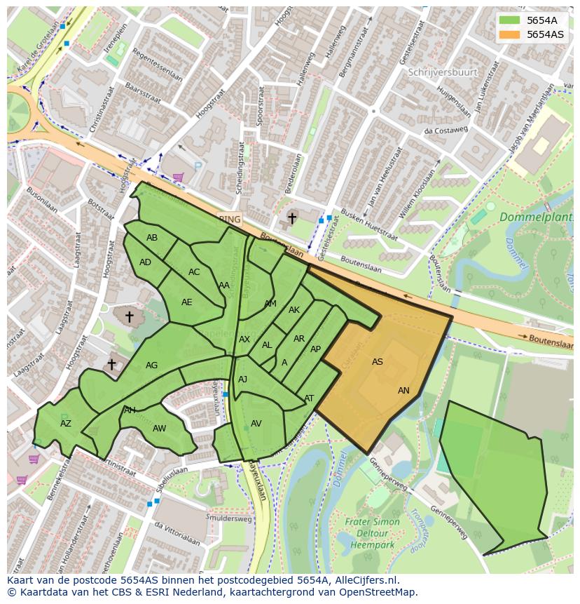 Afbeelding van het postcodegebied 5654 AS op de kaart.