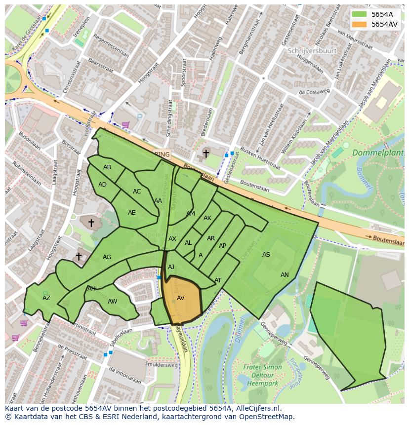 Afbeelding van het postcodegebied 5654 AV op de kaart.