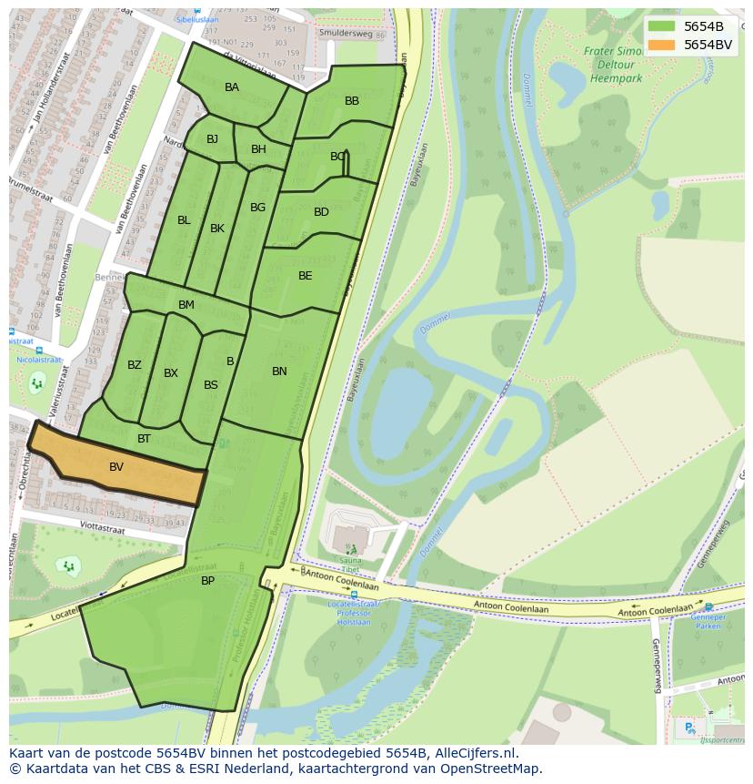 Afbeelding van het postcodegebied 5654 BV op de kaart.