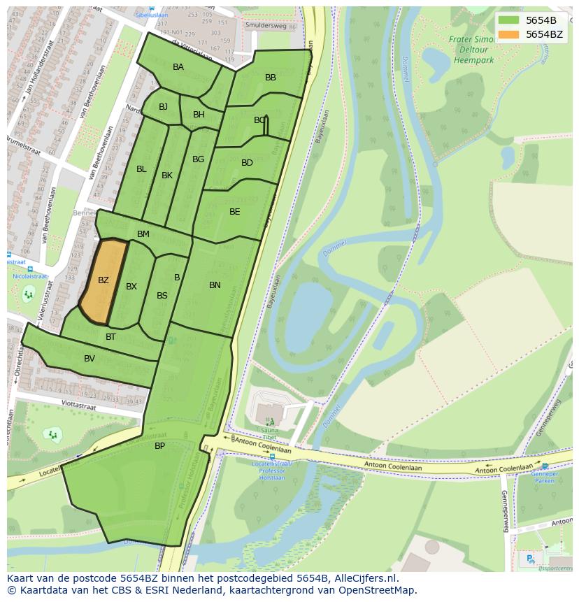 Afbeelding van het postcodegebied 5654 BZ op de kaart.