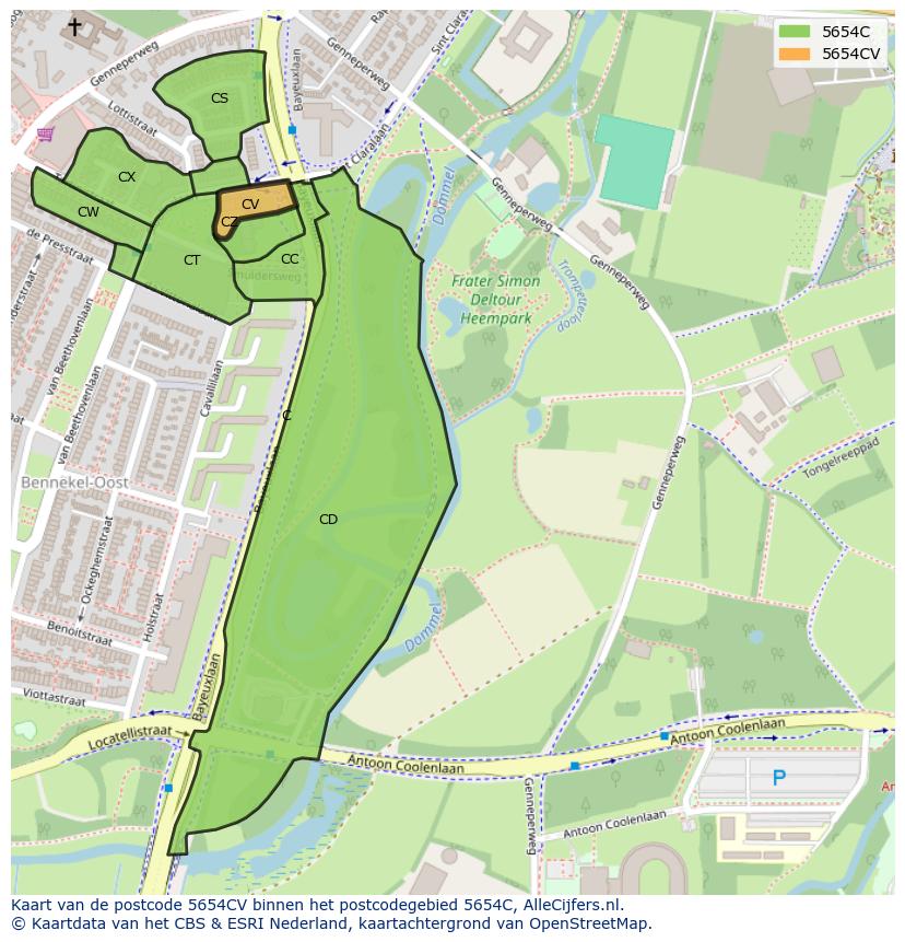 Afbeelding van het postcodegebied 5654 CV op de kaart.