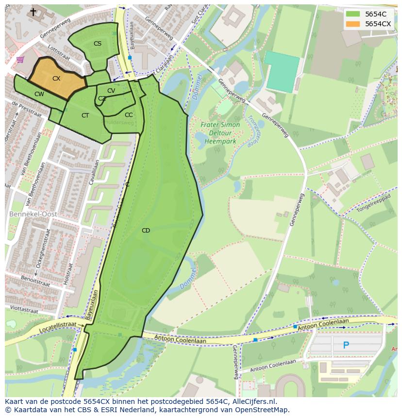 Afbeelding van het postcodegebied 5654 CX op de kaart.