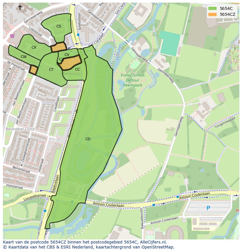 Afbeelding van het postcodegebied 5654 CZ op de kaart.