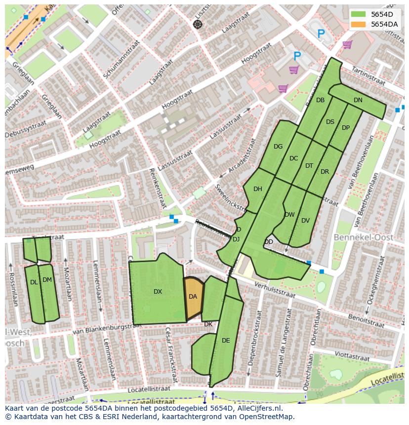 Afbeelding van het postcodegebied 5654 DA op de kaart.