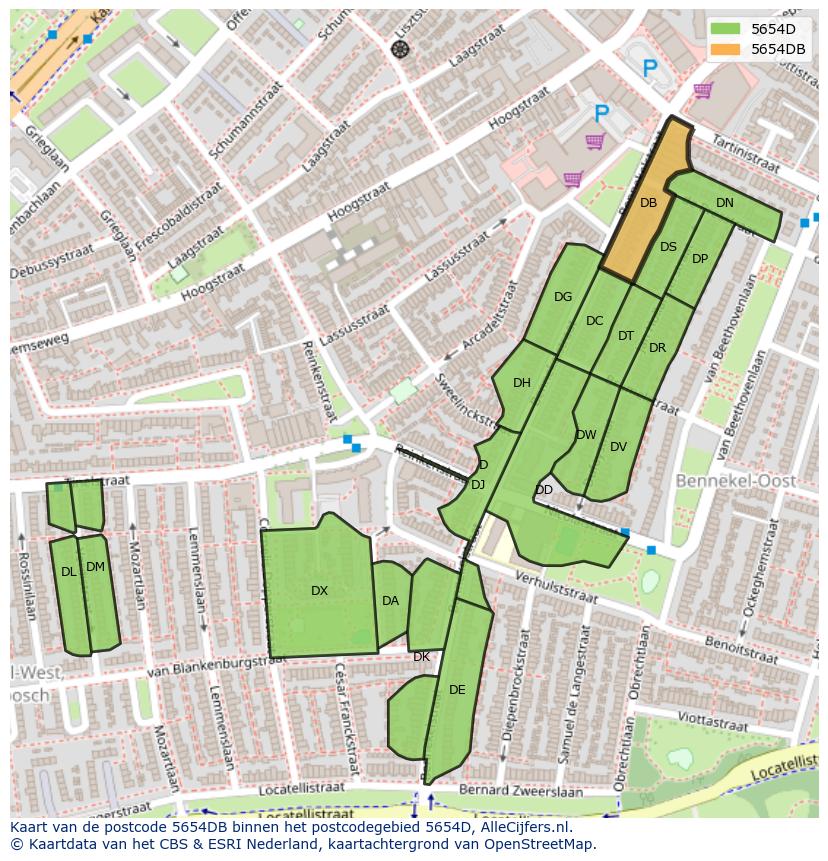 Afbeelding van het postcodegebied 5654 DB op de kaart.