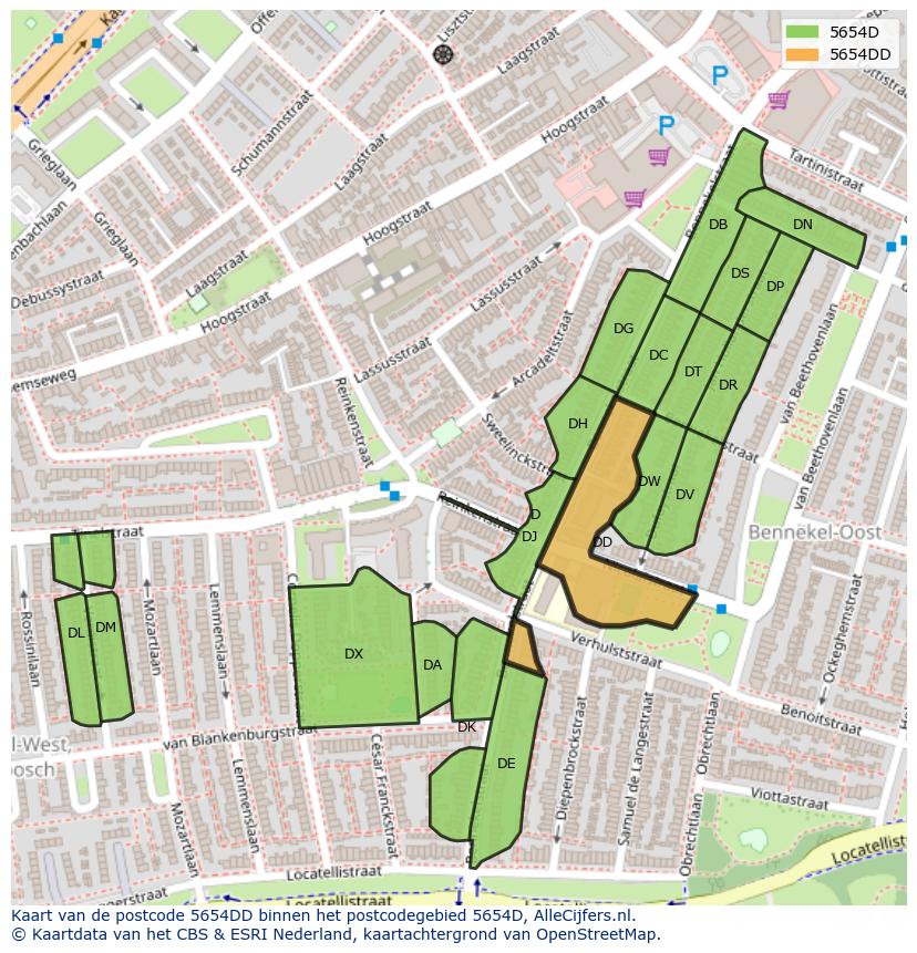 Afbeelding van het postcodegebied 5654 DD op de kaart.