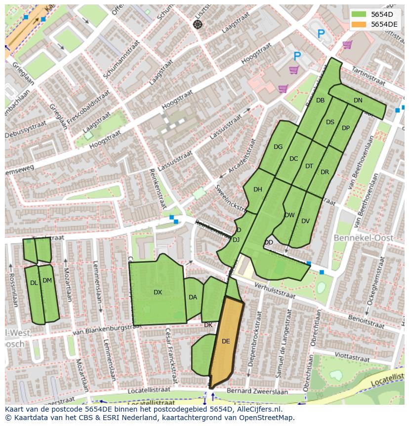 Afbeelding van het postcodegebied 5654 DE op de kaart.