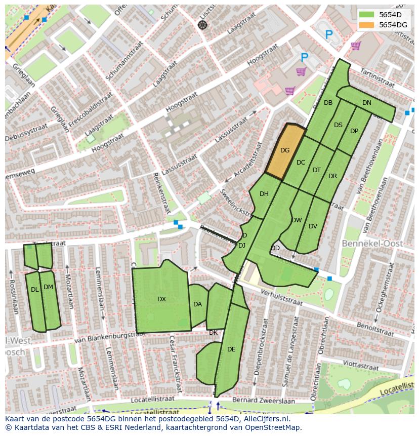 Afbeelding van het postcodegebied 5654 DG op de kaart.