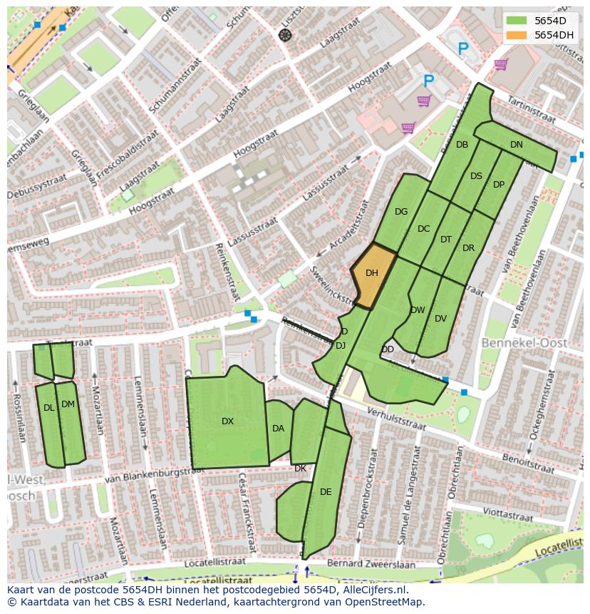Afbeelding van het postcodegebied 5654 DH op de kaart.