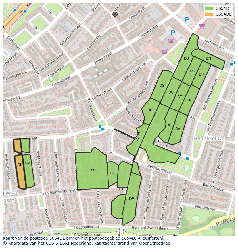 Afbeelding van het postcodegebied 5654 DL op de kaart.