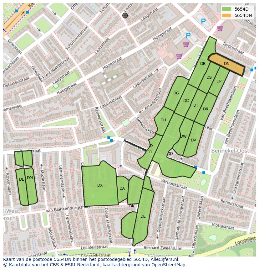 Afbeelding van het postcodegebied 5654 DN op de kaart.